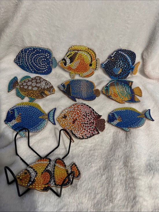 Handmade Other - Decorative Blue & Multicolor Sequin Fish Coaster Set - Set of 10
